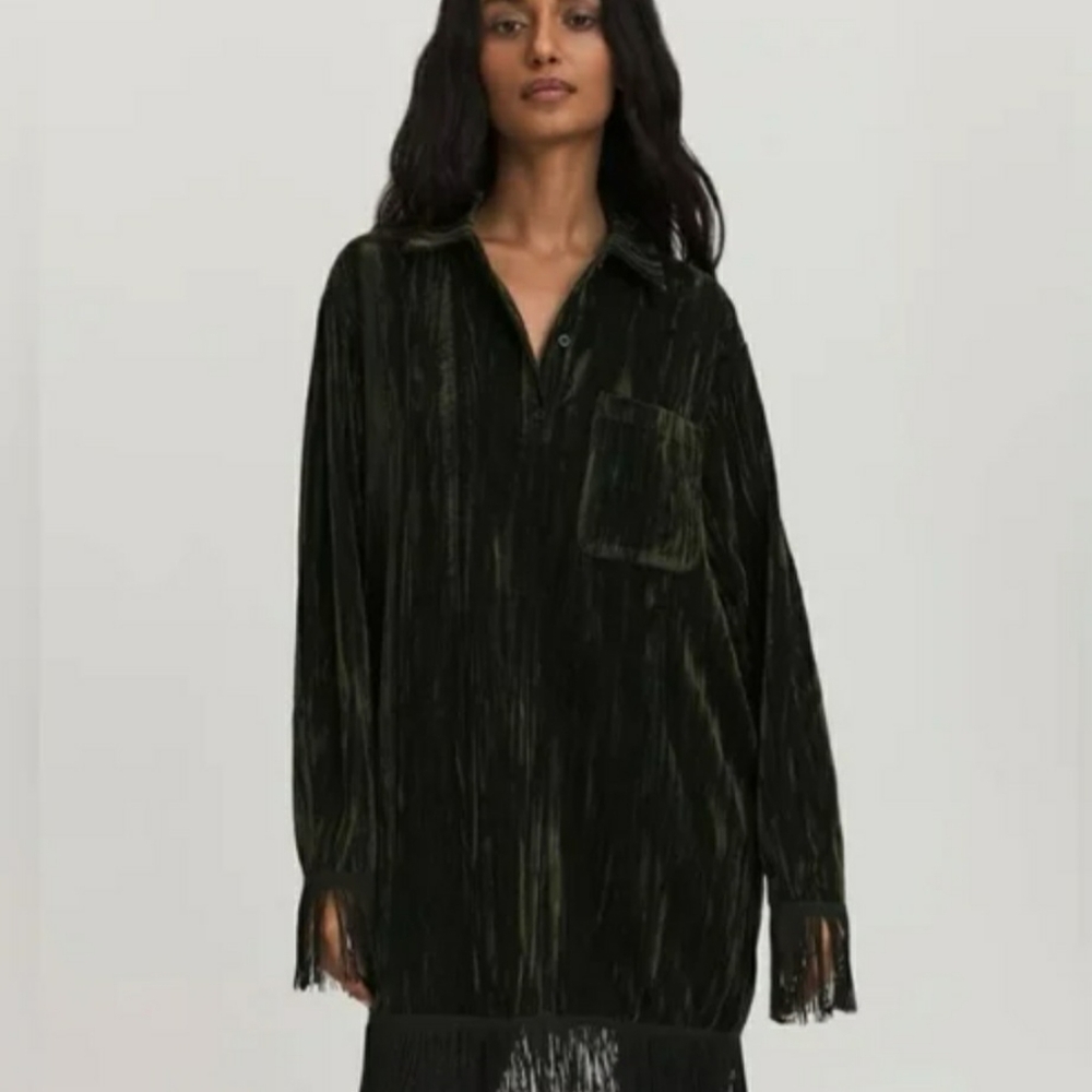 Something Navy Emerald Fringe Shirt Dress
